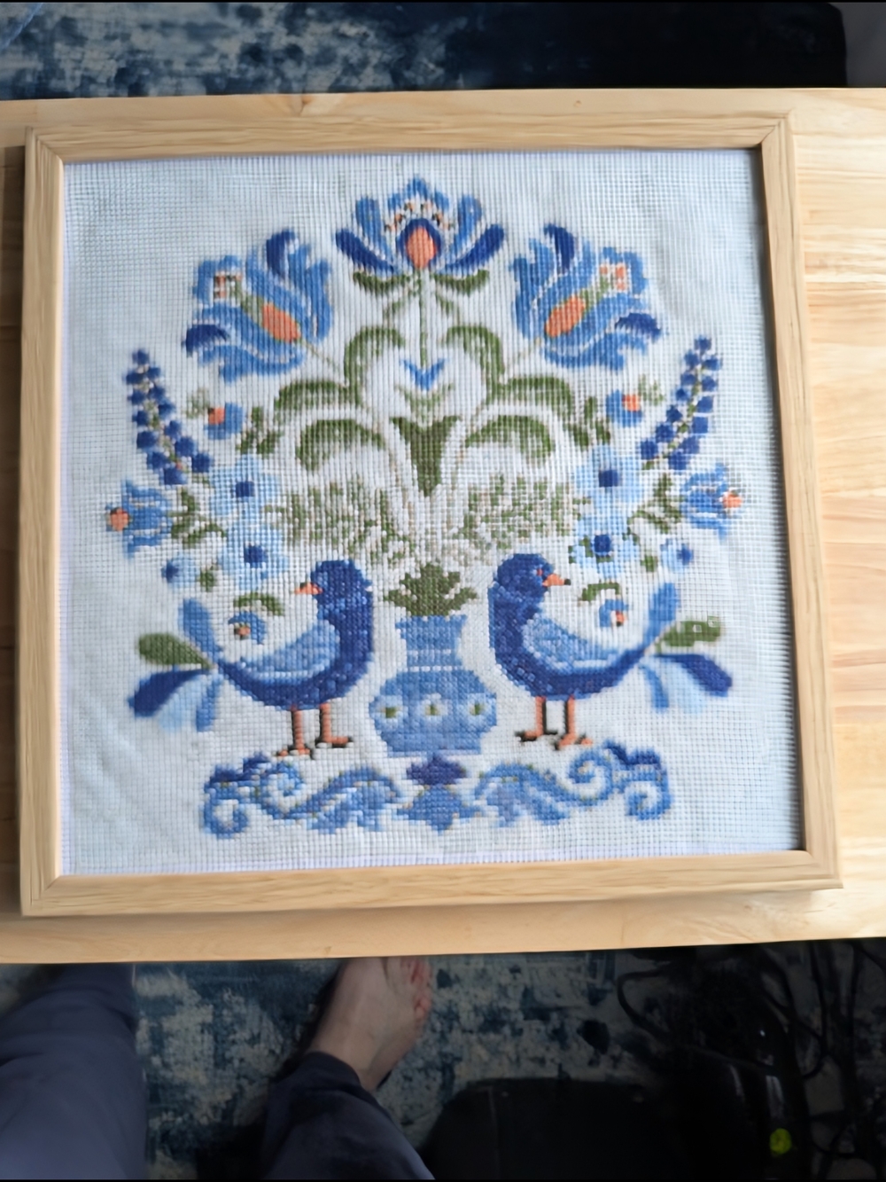 Blue and Green Folk-Style Bird Cross-Stitch Wall Art, 12x12 Handmade By Me